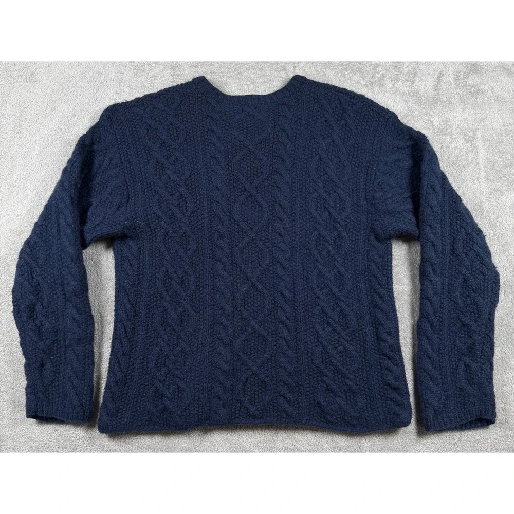 Vintage J Crew Mens Large Blue 100% Wool Cable Knit By Hand Pullover Sweater